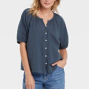 Universal Thread Blouse Puff Short Sleeve Button Up Down Front Navy Size M or L